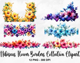 May include: A collection of 12 digital clipart images featuring hibiscus flower borders in various colors, including yellow, pink, blue, and purple. The borders are perfect for adding a tropical touch to your designs.