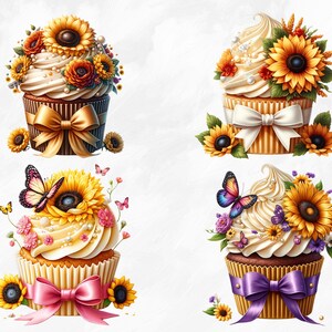 Watercolor Sunflower Cupcakes Collection Clipart, 18 PNG Sunflower Clipart, Cupcake Clipart, Dessert Clipart PNG, Summer PNG, Commercial Use image 2