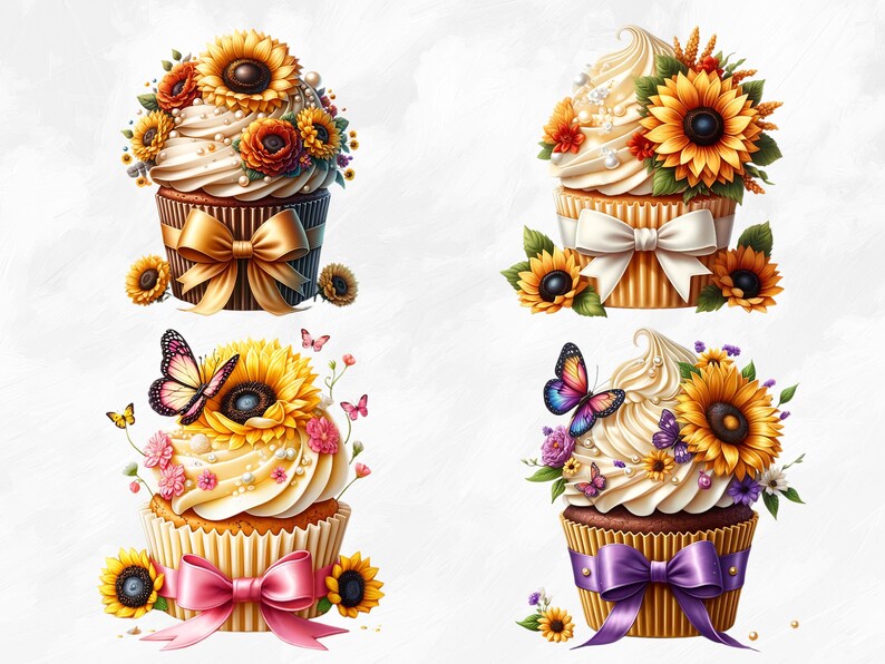 Watercolor Sunflower Cupcakes Collection Clipart, 18 PNG Sunflower Clipart, Cupcake Clipart, Dessert Clipart PNG, Summer PNG, Commercial Use image 2