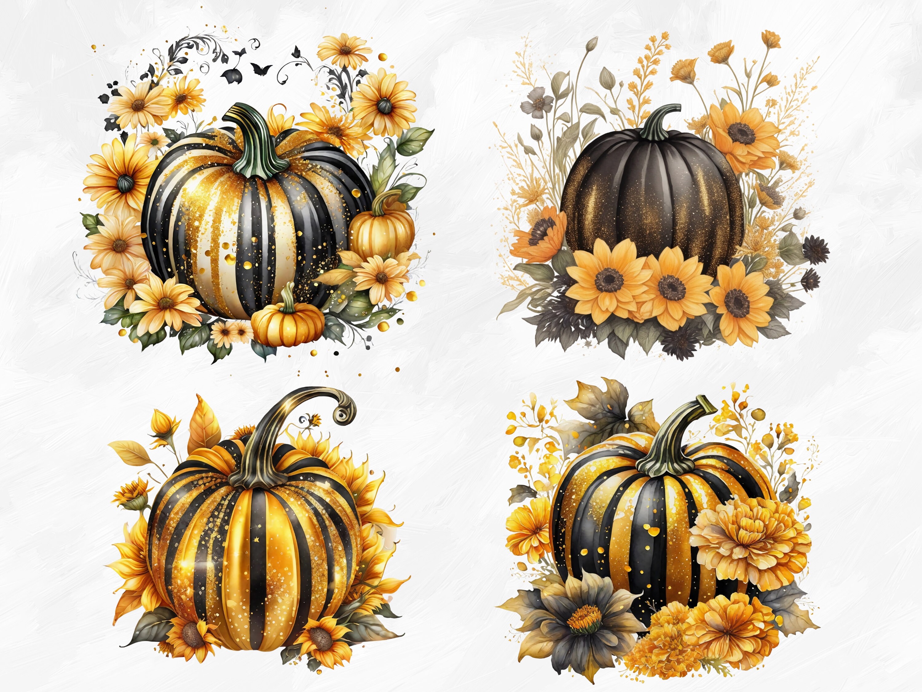 Watercolor Black and Gold Floral Pumpkins Clipart, 21 PNG Pumpkin ...