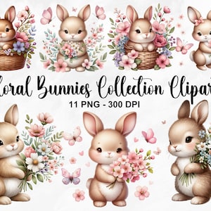 Aquarell Blumen Bunnies Sammlung Clipart, 11 PNG Kindergarten Frühling Clipart, Frühling Bunnies Clipart, Kirschblüte Clipart, kommerzielle Nutzung