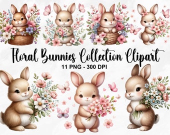 Watercolor Floral Bunnies Collection Clipart, 11 PNG Nursery Spring Clipart, Spring Bunnies Clipart, Cherry Blossom Clipart, Commercial Use