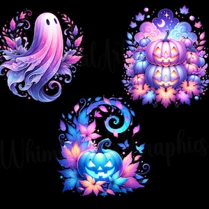 K&ouml;nnte beinhalten: Drei digitale Illustrationen mit Halloween-Motiven. Ein lila-rosa Geist mit wirbelnden Details ist von Bl&auml;ttern umgeben. Eine blaue und rosa K&uuml;rbislaterne mit einem gruseligen Gesicht ist von Bl&auml;ttern umgeben. Zwei &uuml;bereinander gestapelte K&uuml;rbislaternen mit gruseligen Gesichtern sind von Bl&auml;ttern und Wolken umgeben.