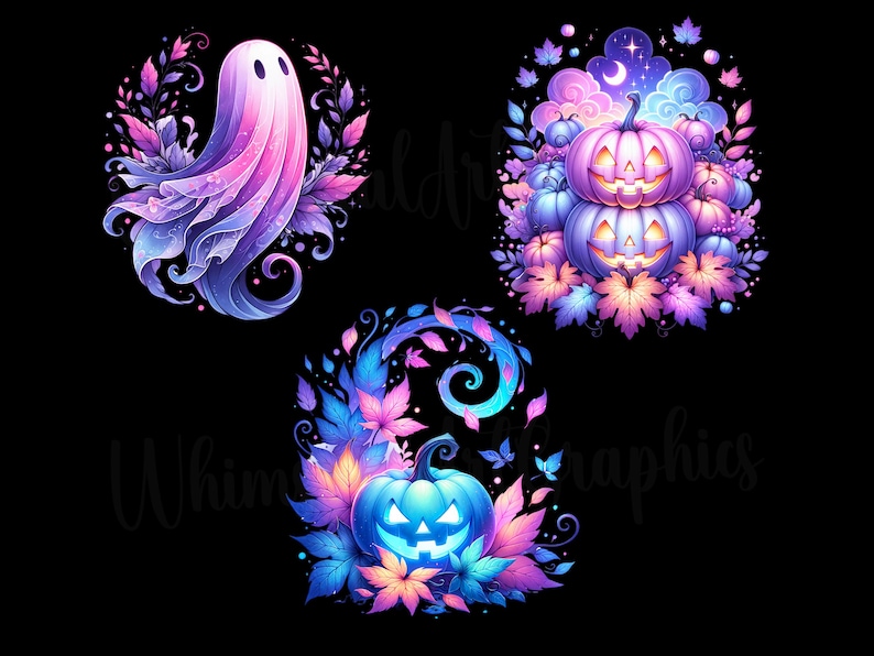 K&ouml;nnte beinhalten: Drei digitale Illustrationen mit Halloween-Motiven. Ein lila-rosa Geist mit wirbelnden Details ist von Bl&auml;ttern umgeben. Eine blaue und rosa K&uuml;rbislaterne mit einem gruseligen Gesicht ist von Bl&auml;ttern umgeben. Zwei &uuml;bereinander gestapelte K&uuml;rbislaternen mit gruseligen Gesichtern sind von Bl&auml;ttern und Wolken umgeben.