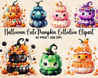 Watercolor Halloween Cute Pumpkin Collection Clipart, 42 PNG Halloween Clipart, Halloween Pumpkins, Halloween Bundle, Commercial Use