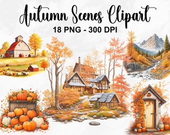 Watercolor Autumn Scenes Clipart, 18 PNG Autumn Scenes Clipart Bundle, Autumn Cottage Clipart, Farmhouse Clipart, Commercial Use