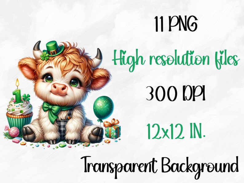 May include: A cute cartoon illustration of a white and brown calf wearing a green hat and a green bow tie. The calf is sitting on a green and white checkered blanket with a green balloon and a cupcake with a number one candle. The image has a white background.