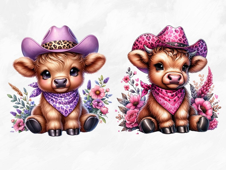 Puede incluir: Dos adorables ilustraciones de terneros marrones y blancos con sombreros de vaquero y bandanas. El ternero de la izquierda lleva un sombrero y una bandana morados con detalles de estampado de leopardo. El ternero de la derecha lleva un sombrero y una bandana rosas con detalles de estampado de leopardo. Ambos terneros est&aacute;n rodeados de flores rosas y moradas.
