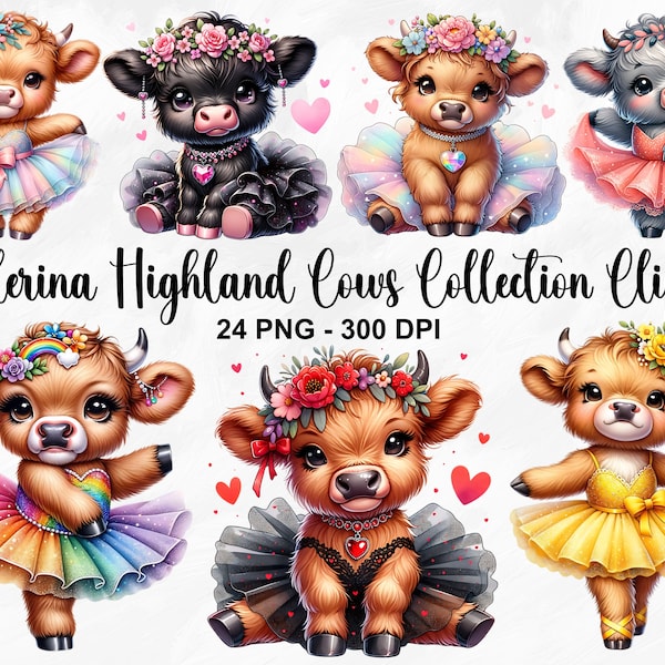Watercolor Ballerina Highland Cows Clipart, 24 PNG Baby Animal Clipart, Baby Cow Clipart Bundle, Ballet Cow In Tutu Dress, Commercial Use