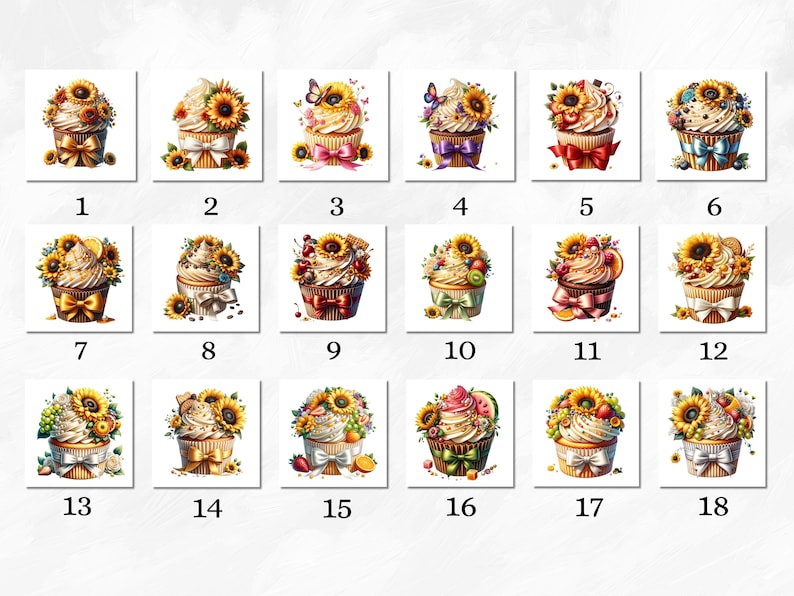 Watercolor Sunflower Cupcakes Collection Clipart, 18 PNG Sunflower Clipart, Cupcake Clipart, Dessert Clipart PNG, Summer PNG, Commercial Use image 7