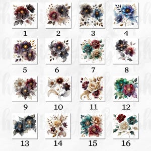 May include: A set of 16 digital watercolor floral illustrations. Each illustration features a different arrangement of flowers in shades of blue, green, red, and gold.