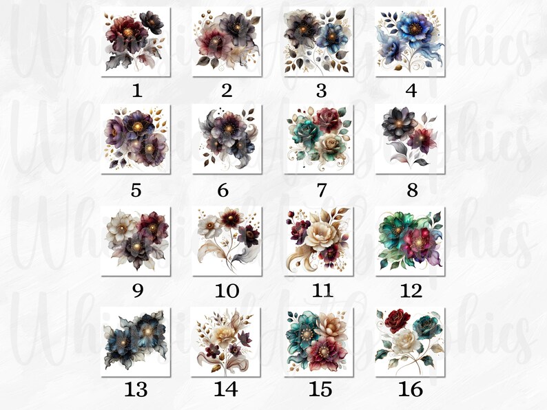 May include: A set of 16 digital watercolor floral illustrations. Each illustration features a different arrangement of flowers in shades of blue, green, red, and gold.