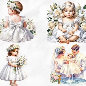 May include: Four images depicting a baptism ceremony. The first image shows a young girl in a white dress with a flower crown. The second image shows a young girl in a white dress with a flower crown sitting on a white background. The third image shows a young girl in a white dress with a flower crown holding a bouquet of white flowers. The fourth image shows a young girl in a white dress being baptized by a man and woman.