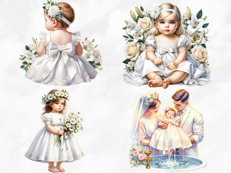May include: Four images depicting a baptism ceremony. The first image shows a young girl in a white dress with a flower crown. The second image shows a young girl in a white dress with a flower crown sitting on a white background. The third image shows a young girl in a white dress with a flower crown holding a bouquet of white flowers. The fourth image shows a young girl in a white dress being baptized by a man and woman.