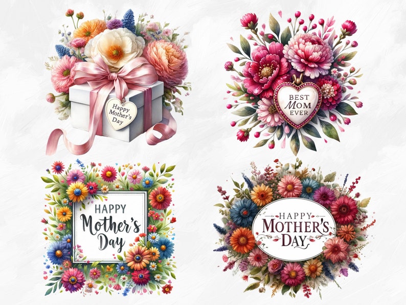 May include: Four different floral arrangements with the text "Happy Mother's Day" in a white frame. The arrangements feature pink, red, and yellow flowers with green leaves.