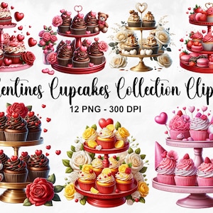 Acuarela San Valentín Cupcakes Colección Clipart, 12 PNG Día de San Valentín Clipart, Cupcake PNG, Postres Lindos, Cupcakes Rosas, Uso Comercial