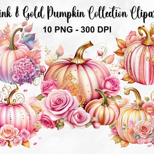Watercolor Pink & Gold Pumpkin Collection Clipart, 10 PNG Pumpkins Floral Clipart, Thanksgiving Clipart, Autumn Clipart PNG, Commercial Use