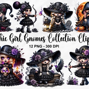 Aquarell Gothic Girl Zwerge Sammlung Clipart, 12 PNG Halloween Clipart, Gothic Gnome Clipart, Halloween Gnom, Hexe PNG, kommerzielle Nutzung