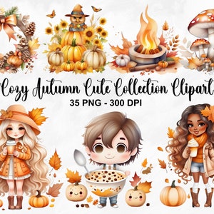 Clipart de coleção fofa de outono aconchegante em aquarela, 35 PNG clipart de outono, clipart de folhagem de outono, árvore de outono, elementos de outono PNG, uso comercial
