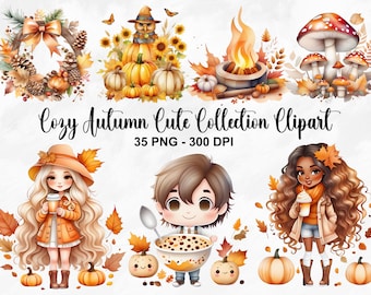 Op de afbeelding: Een digitale clipart-collectie met schattige cartoonfiguren en herfstachtige elementen. De set bevat een meisje met blond haar dat een kop koffie vasthoudt, een jongen met bruin haar dat een kom ontbijtgranen vasthoudt, een meisje met bruin haar dat een milkshake vasthoudt, een krans met herfstbladeren en dennenappels, een pompoenveld, een kampvuur en paddenstoelen.