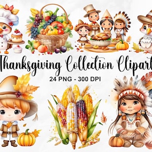 Clipart de coleção de ação de graças em aquarela, 24 PNG clipart de festa de ação de graças, pacote de ação de graças, clipart de outono, outono png, uso comercial