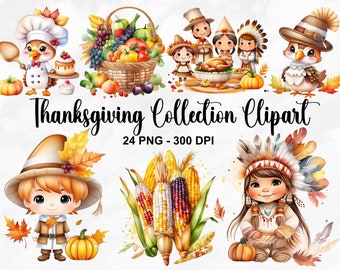 Peut inclure: Une collection de clipart de Thanksgiving comprenant 24 images PNG à 300 DPI. Les images comprennent une dinde, une corne d'abondance, un pèlerin, un Indien, une citrouille et du maïs. Les images sont dans un style aquarelle et sont parfaites pour créer des bricolages, des cartes et des décorations de Thanksgiving.
