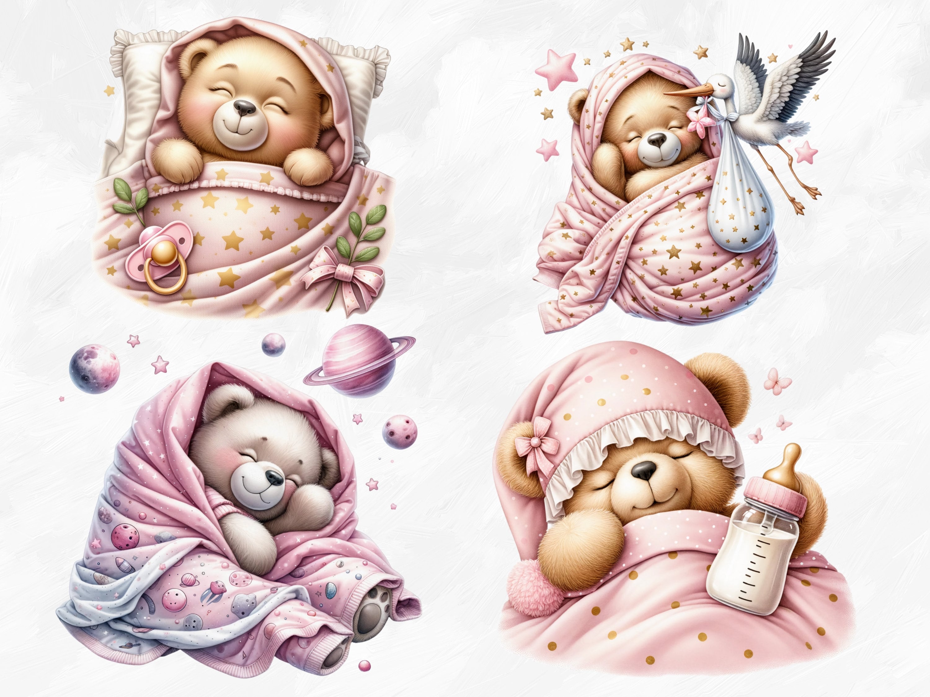 Watercolor Pink Sleepy Teddy Bear Clipart, 23 PNG Cute Baby Bear ...
