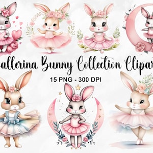 Aquarell Ballerina Bunny Sammlung Clipart, 15 PNG Ballet Bunnies Clipart, Süßes Baby Kaninchen PNG, Ballerina Bunny Clipart, kommerzielle Nutzung