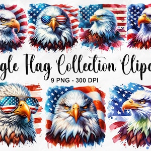 Aquarel Eagle Flag Collection Clipart, 9 PNG 4 juli Eagle Clipart, Patriottische Eagle Flag Clipart, Patriottische Clipart, Commercieel Gebruik