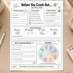 May include: A white mental health worksheet titled Before You Crash Out... Do This First. It features sections for naming triggers, checking basics, slowing the story down, choosing a body reset, identifying needs, and a colorful eight-section reset wheel.