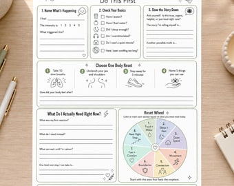 May include: A white mental health worksheet titled Before You Crash Out... Do This First. It features sections for naming triggers, checking basics, slowing the story down, choosing a body reset, identifying needs, and a colorful eight-section reset wheel.