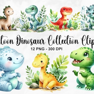 Clipart della collezione di dinosauri dei cartoni animati dell'acquerello, 12 clipart di dinosauri per bambini PNG, clipart ad acquerello stampabile, dinosauri carini, uso commerciale
