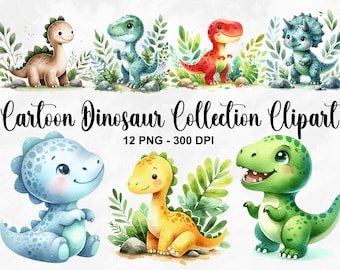 Watercolor Cartoon Dinosaur Collection Clipart, 12 PNG Baby Dinosaur Clipart, Printable Watercolor Clipart, Cute Dinosaurs, Commercial Use