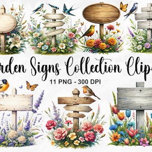 Aquarelle jardin signes Collection des cliparts, 11 PNG des cliparts été, des cliparts jardin rustique, panneau en bois rustique, jardin PNG, usage Commercial