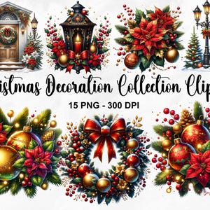 Collezione di decorazioni natalizie ad acquerello Clipart, 15 PNG Clipart natalizie, Clipart natalizie in oro rosso, Pacchetto PNG di palline, Uso commerciale