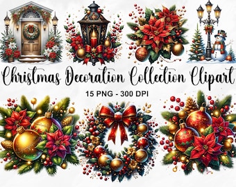 Watercolor Christmas Decoration Collection Clipart, 15 PNG Christmas Clipart, Red Gold Christmas Clipart, Bauble PNG Bundle, Commercial Use