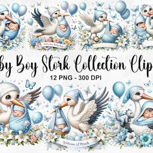 Watercolor Baby Boy Stork Collection Clipart, 12 PNG Stork Baby Boy Clipart, Newborn Baby Boy Clipart, Baby Arrival PNG, Commercial Use