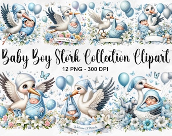 Watercolor Baby Boy Stork Collection Clipart, 12 PNG Stork Baby Boy Clipart, Newborn Baby Boy Clipart, Baby Arrival PNG, Commercial Use