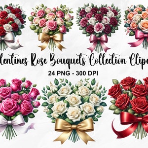 Acquerello San Valentino Rose Bouquet Clipart, 24 PNG San Valentino Clipart, Clipart di bouquet floreali, Rose rosse, Rose rosa, Uso commerciale