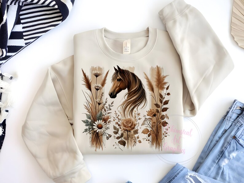 May include: A beige sweatshirt with a brown horse and floral design. The horse is facing left and has a brown mane and tail. The flowers are in shades of brown and white.