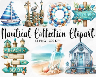 Aquarelle collection nautique Clipart, 14 PNG des cliparts plage, voyage des cliparts, des cliparts océan, été PNG, des cliparts nautiques, usage Commercial