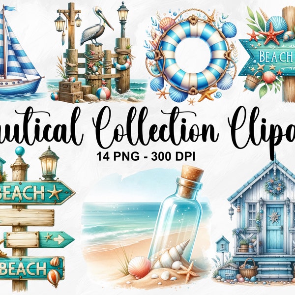 Watercolor Nautical Collection Clipart, 14 PNG Beach Clipart, Travel Clipart, Ocean Clipart, Summer PNG, Nautical Clipart, Commercial Use