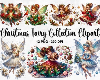 Watercolor Christmas Fairy Collection Clipart, 12 PNG Christmas Clipart, Enchanting Christmas Fairy Clipart Bundle, Commercial Use