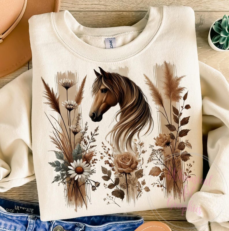 May include: A beige sweatshirt with a brown horse head and floral design. The horse is surrounded by dried flowers and grasses in shades of brown and beige.