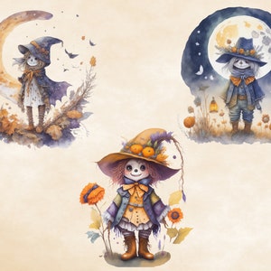 May include: Three watercolour illustrations of scarecrows with autumn-themed details. The first scarecrow is standing on a crescent moon with bats flying around. The second scarecrow is standing in a field with a full moon in the background. The third scarecrow is standing in a field with sunflowers and pumpkins.