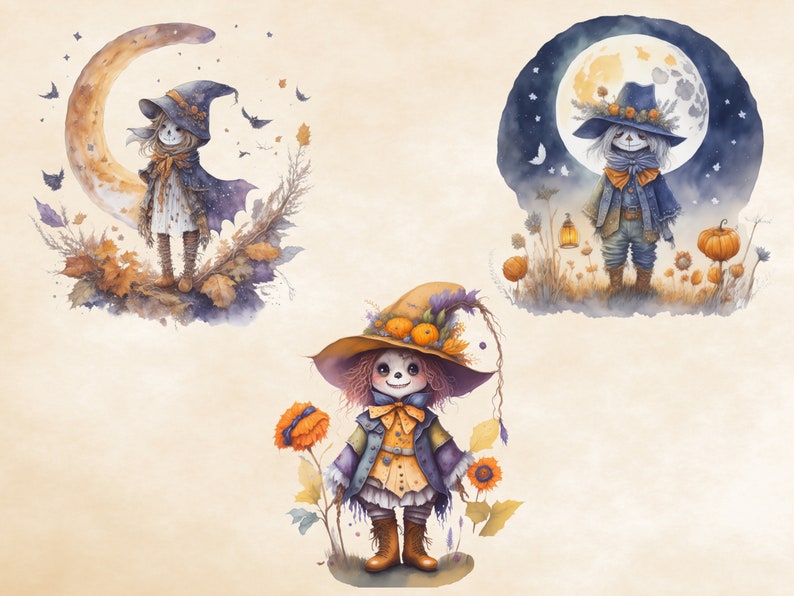 May include: Three watercolour illustrations of scarecrows with autumn-themed details. The first scarecrow is standing on a crescent moon with bats flying around. The second scarecrow is standing in a field with a full moon in the background. The third scarecrow is standing in a field with sunflowers and pumpkins.