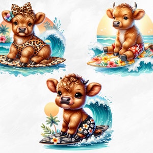 Watercolor Surfing Highland Cows Collection Clipart, 12 PNG Beach ...