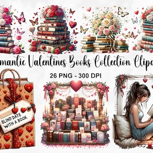 Akwarela Romantyczne Walentynki Książki Clipart, 26 PNG Walentynki Clipart, Fantasy Książki PNG, Vintage Book Library Clipart, Komercyjne Wykorzystanie