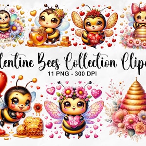 Aquarel Valentine bijen clipart, 11 PNG Valentijnsdag clipart, schattige baby Bee clipart, Bee PNG, Bee clipart, hommel PNG, commercieel gebruik