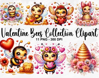 Acuarela Valentine Bees Clipart, 11 PNG Valentines Day Clipart, lindo bebé abeja clipart, abeja PNG, abeja clipart, abejorro PNG, uso comercial